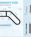 Diagram of Outdoor Stair Handrail Wall Mount for 1 to 3 Steps, U-Shaped Matte Black Rail, 26 Inch Length, with dimensions and parts.