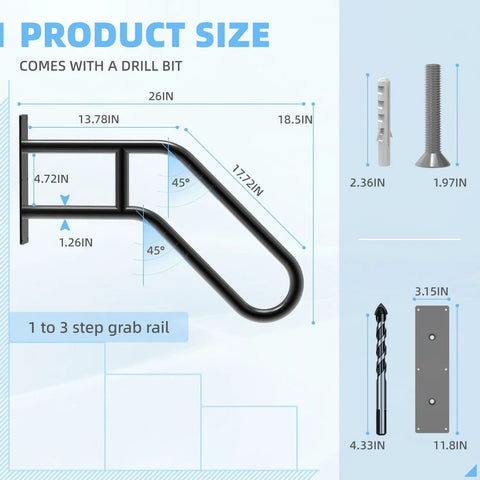 Diagram of Outdoor Stair Handrail Wall Mount for 1 to 3 Steps, U-Shaped Matte Black Rail, 26 Inch Length, with dimensions and parts.