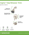 Origins Single Handle 1 Spray Tub and Shower Faucet Trim in Satin Nickel showing shower arm, escutcheon, and dimensions