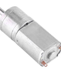 DC 12V geared reversible motor, 20mm Ø, silver metal housing, output shaft, two copper terminal tabs