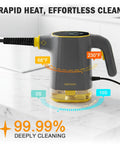 Entalva Handheld Steam Cleaner Gray With Smart Led Display beside a tiled countertop, showcasing digital temperature gauge.