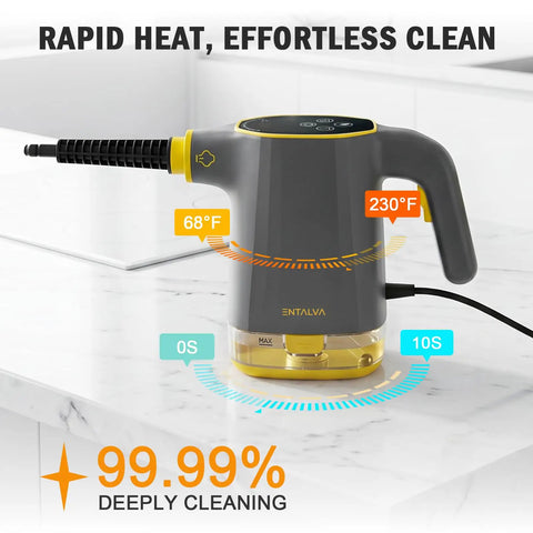 Entalva Handheld Steam Cleaner Gray With Smart Led Display beside a tiled countertop, showcasing digital temperature gauge.