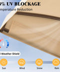 Khaki One-Piece Outdoor Swing Canopy Replacement Cover For 3-Seat Porch Swing UV-Resistant Weatherproof No-Brainer Quick Swap Easy Install For Deck Patio Swing featuring 98% UV Blockage diagram.