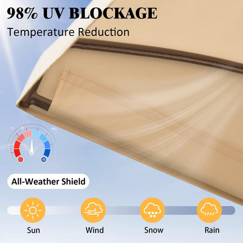 Khaki One-Piece Outdoor Swing Canopy Replacement Cover For 3-Seat Porch Swing UV-Resistant Weatherproof No-Brainer Quick Swap Easy Install For Deck Patio Swing featuring 98% UV Blockage diagram.