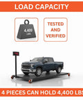 Image showing Four 8 Inch Swivel Lock Casters With Polyurethane On Cast Iron Wheels Red Finish 1100 Lb Load Capacity Per Caster supporting a truck.