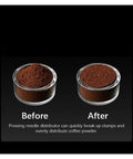 Before and after showing ground coffee clumping and leveling using Straight Up 58mm Espresso Distributor Tool for Solid Portafilter.