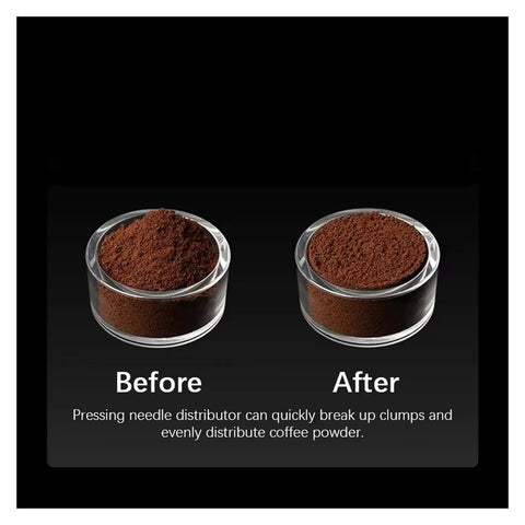Before and after showing ground coffee clumping and leveling using Straight Up 58mm Espresso Distributor Tool for Solid Portafilter.