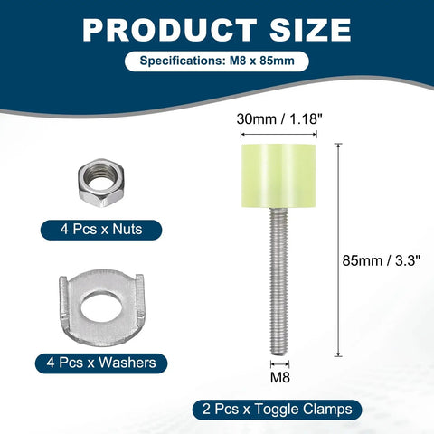 Two Pack Rubber Head Toggle Clamps 85mm M8 Stainless Steel 304 For Boxes Cabinets Doors Heavy Duty Quick Clamp Set With 4 Screws And Washers Included Industrial Grade Easy Install, size diagram