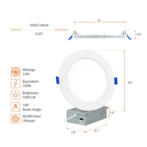 Diagram of 4 Pack 6 Inch LED Recessed Downlights With 5CCT Color Selectable 2700K To 6000K, 12W, Ultra Thin, Dimmable, Heavy Duty Ceiling Lights