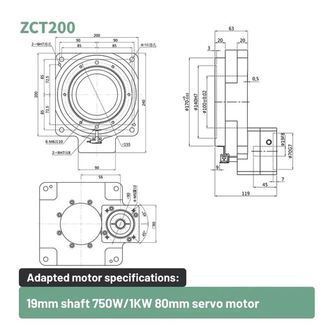 Product diagram of Premier CNC Hollow Rotary Platform Designed As A Circular Motorized Indexing Table with motor specs.