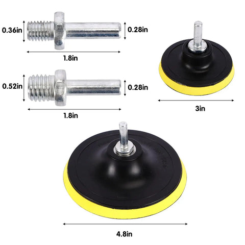 Car Detailing Drill Polishing Pad Kit With 39 Pcs, showing attachments and foam pads, labeled dimensions 3-inch and 5-inch sizes.