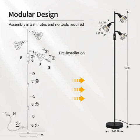 Industrial Floor Lamp With Diamond Shape Design 6W LED Bulb Included E26 Socket On Off Footswitch Black Finish and assembly guide