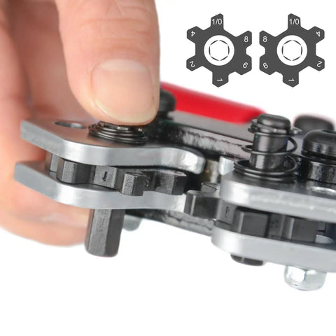 Close-up of Pro Grade Heavy Duty Battery Cable Lug Crimping Tool showing rotating die set for 8 6 4 2 1 1/0 AWG lugs.