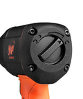 Close-up of Professional Pro Grade Half Inch Composite Air Impact Wrench with Twin Hammers showing mufflered handle for reduced noise.