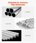 Metal, ceramic, and plastic pipes suitable for use with Heavy-Duty Pipe Chain Vise Workhorse With Two Bending Dies, One Half Inch To Eight Inch Pipe Capacity, 34.6 Inch Chain, Cast Iron Base, Industrial-Grade Bench Clamp For Plumbing, Automotive, And Metalworking Projects.