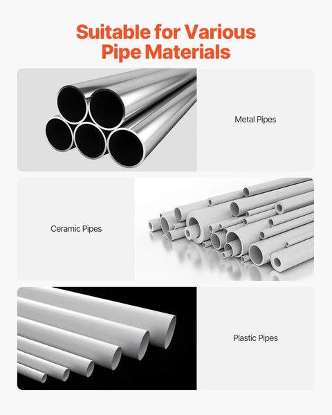 Metal, ceramic, and plastic pipes suitable for use with Heavy-Duty Pipe Chain Vise Workhorse With Two Bending Dies, One Half Inch To Eight Inch Pipe Capacity, 34.6 Inch Chain, Cast Iron Base, Industrial-Grade Bench Clamp For Plumbing, Automotive, And Metalworking Projects.