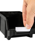 Close-up of a hand placing a label on a 30 Compartment Wall Mounted Tool Organizer Bins Set For Tools, black plastic bin.
