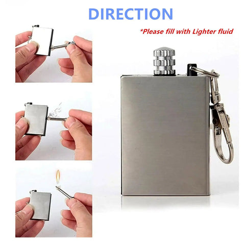 5 Pack Waterproof Permanent Fire Starters For Camping And Emergencies, showing silver durable metal flint keychain lighter in use.