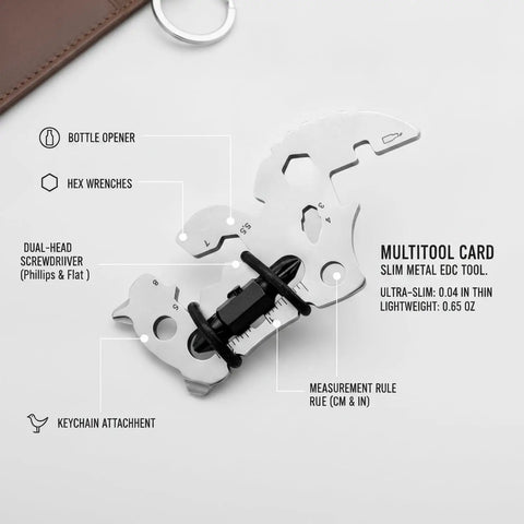 Compact Metal Multitool Card With Screwdriver And Bottle Opener For Wallet Or Bag shown with hex wrenches and keychain attachment.
