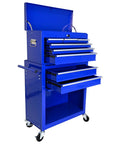 Badass 8 Drawer Rolling Tool Chest Modular Detachable Design Heavy Duty Workhorse For Garage Shop And Mechanic Large Capacity Storage Cabinet With Multiple Compartments For Professional Use, blue cabinet with open drawers.