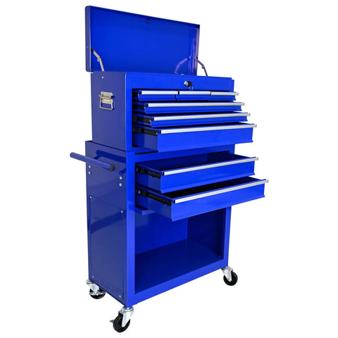 Badass 8 Drawer Rolling Tool Chest Modular Detachable Design Heavy Duty Workhorse For Garage Shop And Mechanic Large Capacity Storage Cabinet With Multiple Compartments For Professional Use, blue cabinet with open drawers.
