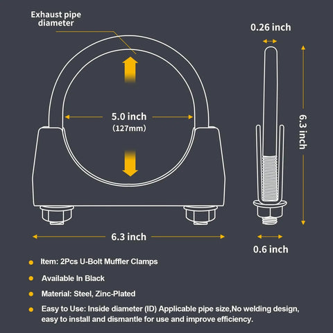 Diagram of Heavy-Duty 5.0 Inch Exhaust Clamps Set dimensions with U-bolt and saddle-style design for secure connections.