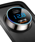 Close-up of Next Gen Pure Copper Usb C Car Charger With 45 Watt Dual Port Fast Charging showing digital display and charging ports.