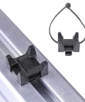 Plastic Zip Tie Mounting Blocks 25 Pack For 15 And 40 Series Aluminum T Slot Extrusions Drop In Base Mounts For Easy Cable Management On 3D Printers Routers DIY And CNC Machines black plastic block on aluminum T-slot extrusion with zip tie