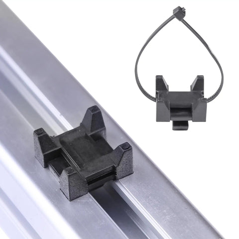 Plastic Zip Tie Mounting Blocks 25 Pack For 15 And 40 Series Aluminum T Slot Extrusions Drop In Base Mounts For Easy Cable Management On 3D Printers Routers DIY And CNC Machines black plastic block on aluminum T-slot extrusion with zip tie