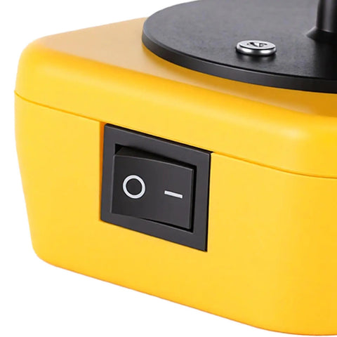 Hassle Free Portable Battery Space Heater Featuring Dual Usb Ports And 360 Degree Swivel, close-up of control switch on yellow housing.