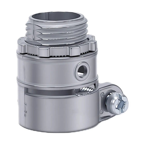 Hassle Free Squeeze Connectors 1/2 Inch Push In Fitting For Dry Indoor Projects showing a zinc alloy squeeze connector with threaded opening.