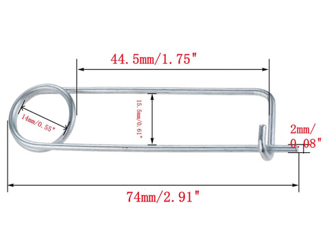 Heavy Duty Steel Brooch Shape Cotter Pins Set Quick Lock Safety Pins Locking Fasteners For Farm Lawn Garden And Hitch Applications 8 Pack 2x45x16mm Zinc Plated Tempered Alloy Steel, dimensions detailed.