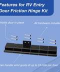 Built Like A Tank Black Six Leaf Friction Hinge Assembly For RV Camper And Entry Doors with included screws and features.
