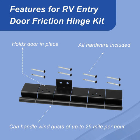 Built Like A Tank Black Six Leaf Friction Hinge Assembly For RV Camper And Entry Doors with included screws and features.