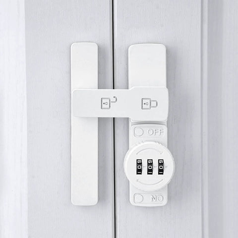 White 180 Degree Barn Door Lock With 3 Digit Keyless Password, no key needed, flip latch privacy lock shown on door