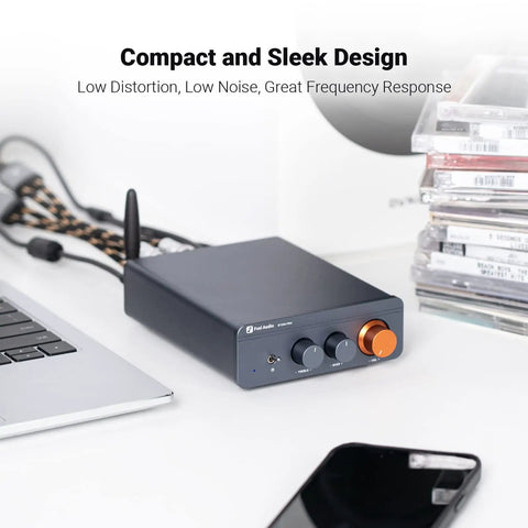 BT20A Pro Bluetooth 5.0 Amplifier 300W x 2 Two Channel Class D Wireless Power Amp with knobs, desk placement, accessories