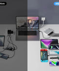 Comparison of cluttered vs. organized charging setup using GaN III 8 Port USB C Charger Hub With 200W Total Power
