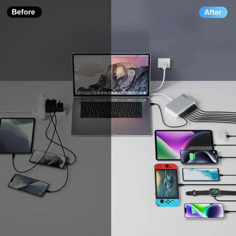Comparison of cluttered vs. organized charging setup using GaN III 8 Port USB C Charger Hub With 200W Total Power