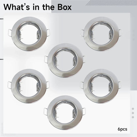 6 Pcs Chrome MR16 GU10 Downlight Fitting Set, iron recessed ceiling housing, showing six chrome spotlight housings.