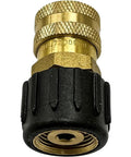 Gold brass QC socket for pressure washer pumps, female M22, with black plastic housing and knurled grip