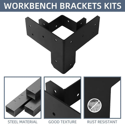 4 Pack 3 Way Workbench Corner Brackets Kit For 4x4 And 2x4 Wood Heavy Duty DIY Workbench Hardware With Screws, black steel