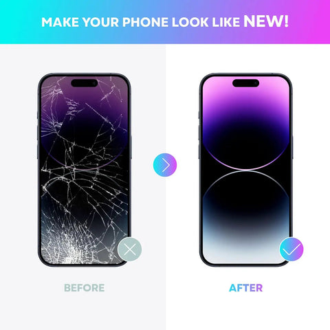Before and after view of IPhone 14 Pro Six Point One Inch LCD Screen Replacement Kit With 3D Touch Digitizer Display Assembly Tools Included Adhesive Screen Protector And Repair Kit Compatible With A2650 A2889 A2892 A2891 A2890 showcasing cracked and repaired screens side by side.