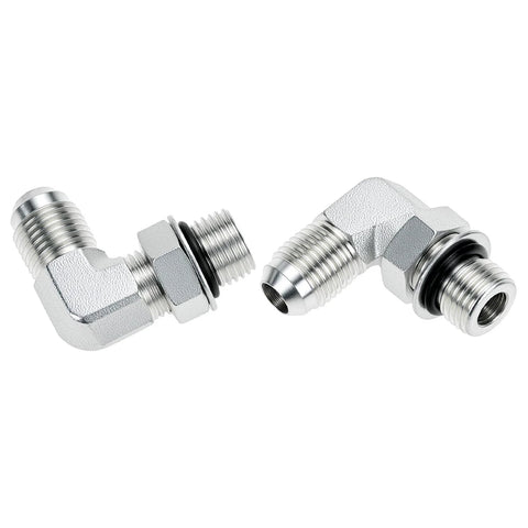 Two 90 Degree Elbow Hydraulic Hose Fittings, part of a 10-piece set with JIC 37° and SAE/ORB male ends, carbon steel, three-eighths inch.