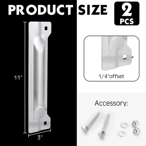 Heavy Duty Two Pack Door Latch Guard Plates For Outswing Entry Doors Rock Solid Security Protector And Reinforced Steel Door Plate Cover To Lock Down Your Home Tight, showing 11"x3" size with accessories.
