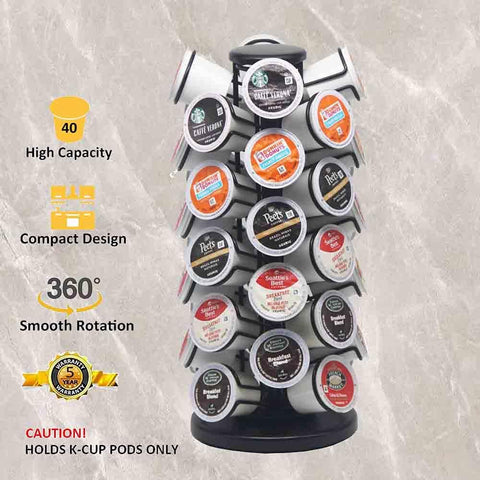 Sturdy 40 Pod K Cup Carousel Organizer For Coffee Pods, Metal K Cup Holder Stand With 360 Degree Access, Countertop Storage Rack