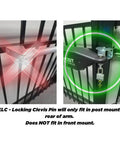 Image showing AXLC Security Kit Locking Clevis Pin for Automatic Gate Opener Systems installed on post mount with padlock.