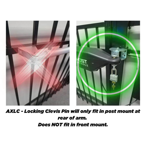 Image showing AXLC Security Kit Locking Clevis Pin for Automatic Gate Opener Systems installed on post mount with padlock.