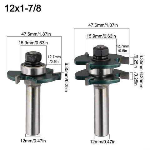 Awesome Woodworking Router Bit Set for Tongue Groove Joint Assembly with 12mm Shank And Microcrystalline Carbide Tips For Smoother Cuts, detailed dimensions.