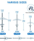 Heavy Duty Metal Drywall Anchors Kit With Toggle Bolts Three Size Set One Eighth Inch Twelve Pieces, Three Sixteenth Inch Eight Pieces, One Quarter Inch Six Pieces, Holds 68, 95, And 120 Lbs, A Must Have For Hanging Shelves And Pics. toggle bolts in 1/4, 3/16, and 1/8 sizes