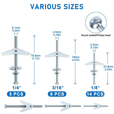 Heavy Duty Metal Drywall Anchors Kit With Toggle Bolts Three Size Set One Eighth Inch Twelve Pieces, Three Sixteenth Inch Eight Pieces, One Quarter Inch Six Pieces, Holds 68, 95, And 120 Lbs, A Must Have For Hanging Shelves And Pics. toggle bolts in 1/4, 3/16, and 1/8 sizes